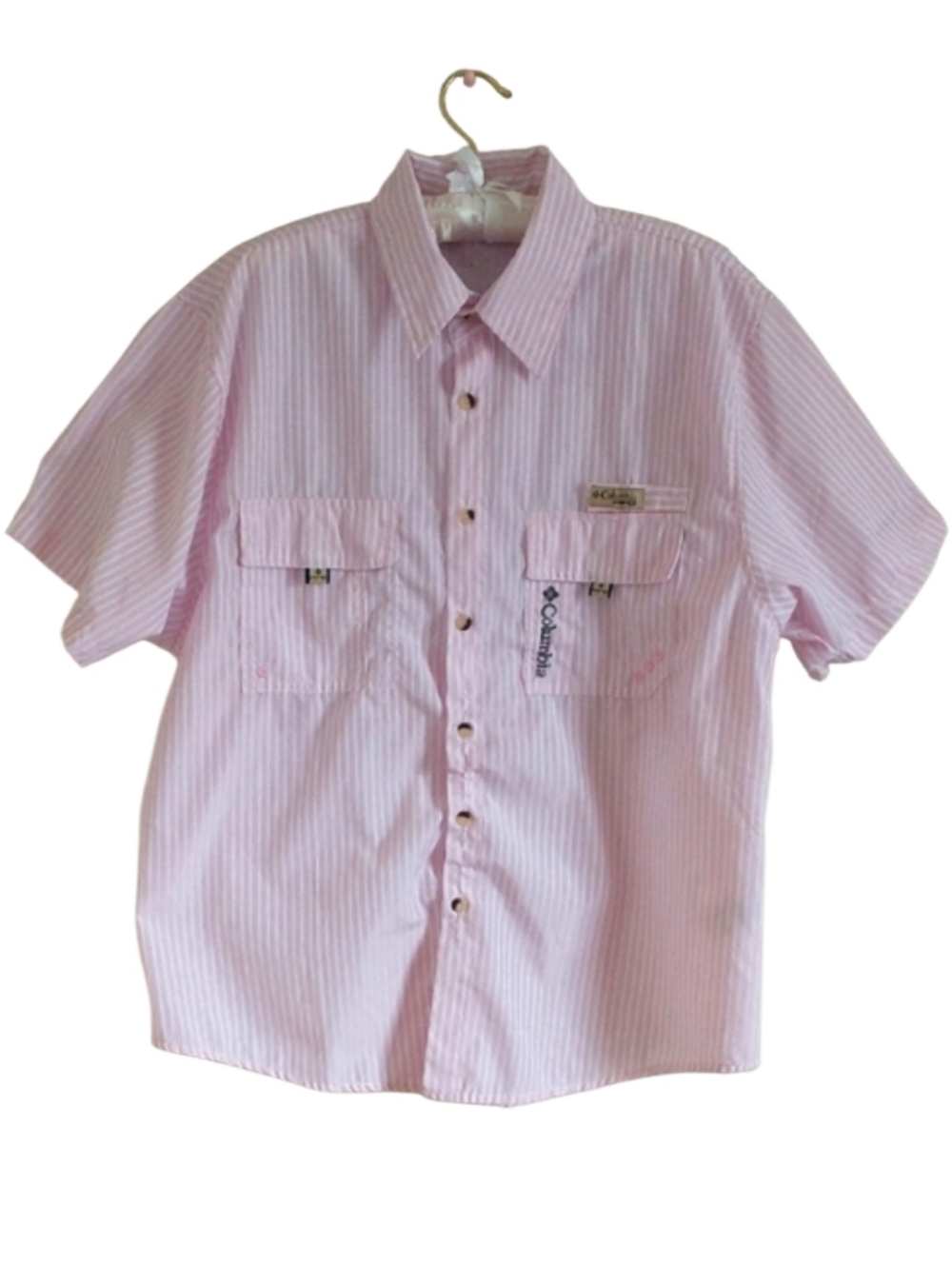 Columbia Men's Pink Striped Button Down Short Sleeve Lightweight Casual Shirt. M